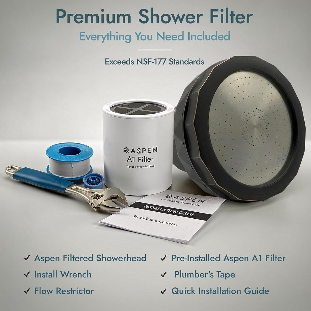 Aspen Filtered Shower Head for Healthy Hair & Skin | Removes Chlorine, Hard Water & Heavy Metals | High Pressure Shower Head with Filter | Water Softener | KDF-55