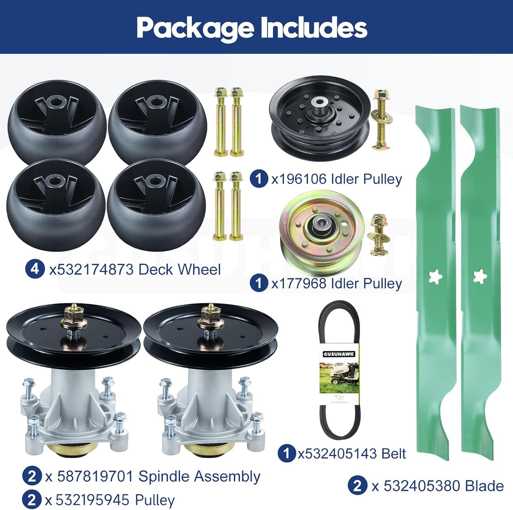 2 Pack 587819701 Spindle Assembly Kit with 197473 Spindle Pulley 196106 177968 Idler Pulley 532405380 Mower Blades 532174873 Deck Wheels 1/2x106 Belt for Husqvarna YTH22V46 Deck Rebuild Kit