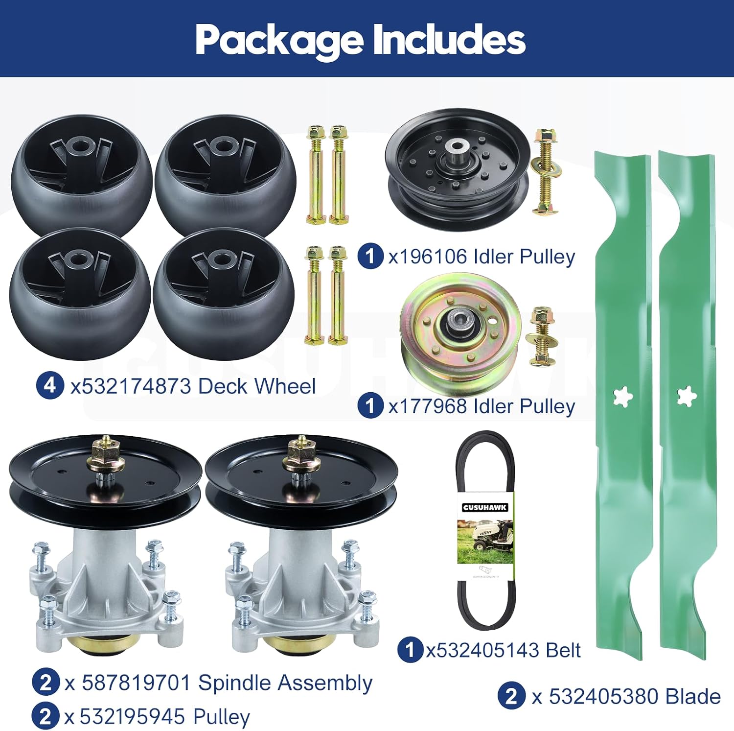 2 Pack 587819701 Spindle Assembly Kit with 197473 Spindle Pulley 196106 177968 Idler Pulley 532405380 Mower Blades 532174873 Deck Wheels 1/2x106 Belt for Husqvarna YTH22V46 Deck Rebuild Kit