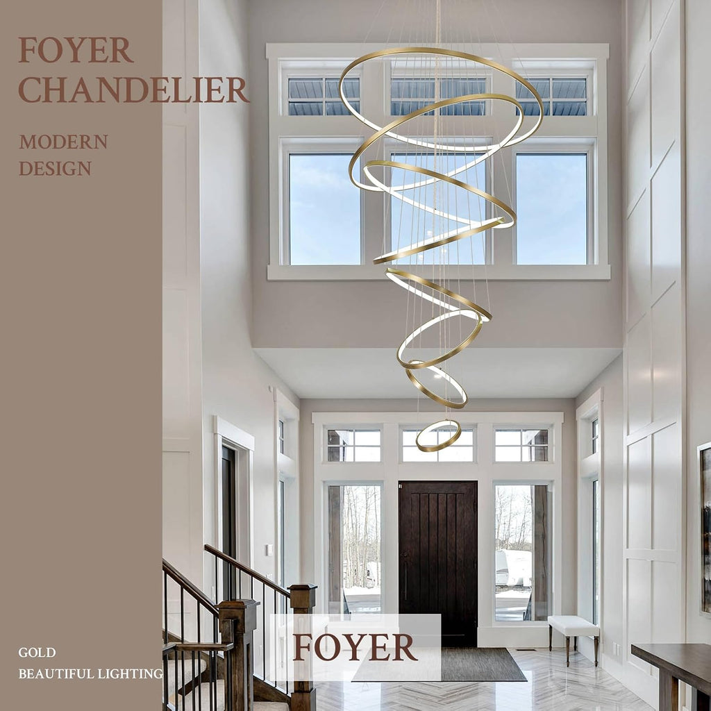Modern LED Chandelier 8 Rings Dimmable Gold High Ceiling Chandelier Foyer, Large LED Contemporary Pendant Lighting for Staircase Entryway Living Room, D35in 3000K-6500K