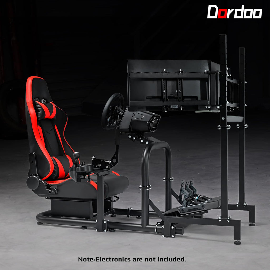 Dardoo Racing Simulator Cockpit Vertical Bracket with Triple Monitor Stand and Red Seat Fit for Logitech G29 G920 G923, for Thrustmaster T300RS CSL-DD, for Fanatec
