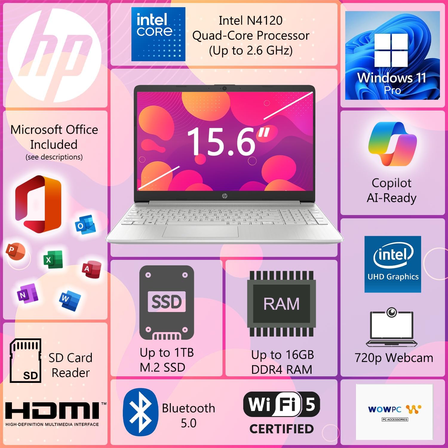HP 15 Laptop for School, Work & Home • 15.6' FHD 1080p IPS Display • Powerful Intel Processor • 8GB RAM • 256GB SSD • Microsoft Office • Copilot AI • Windows 11 Pro • SD Card Reader • HDMI