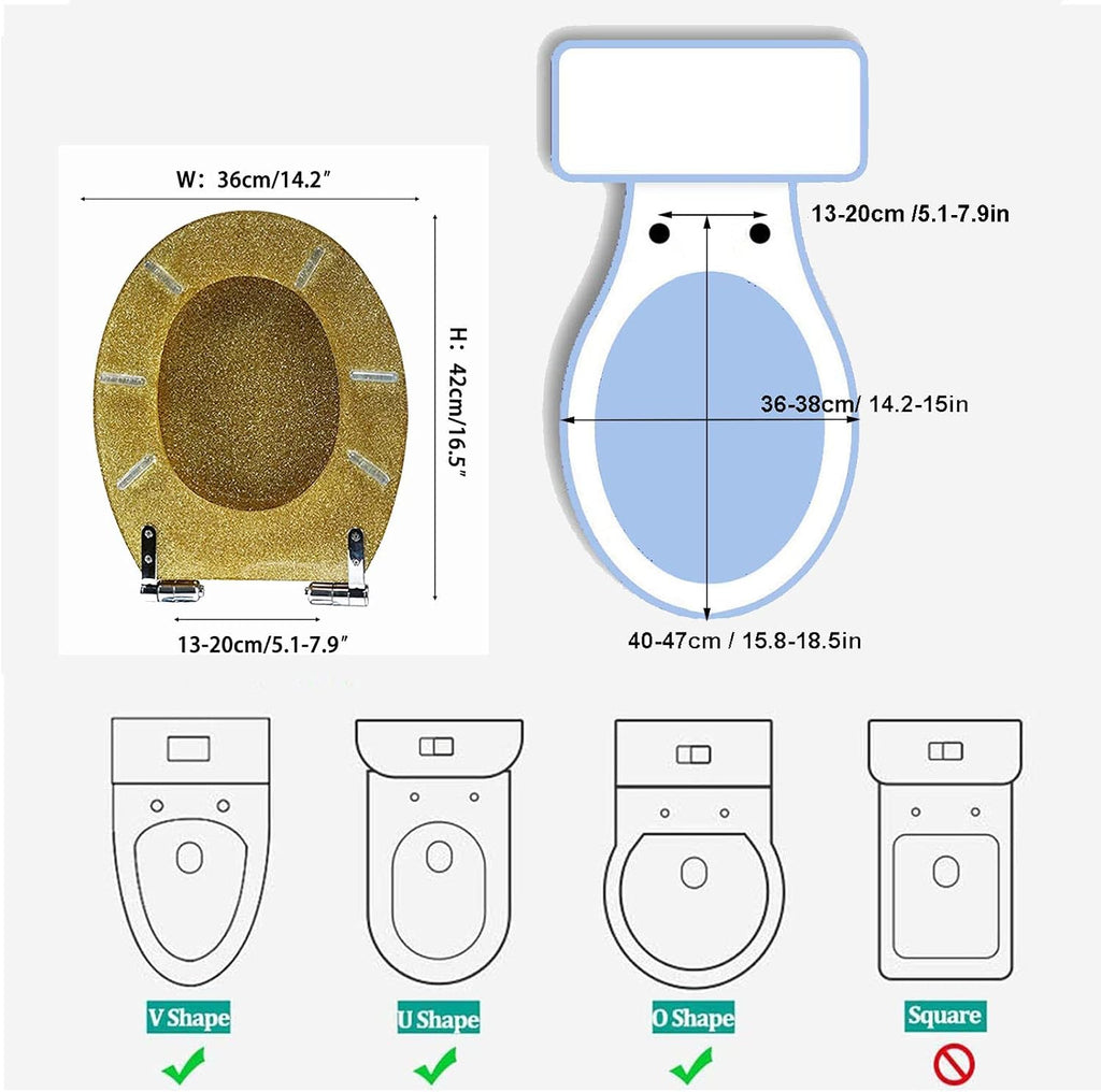 Black Toilet Seat Cover, Sparkly Toilet Seat Glitter Toilet Seat Slow Close Toilet Seat Round, Top/Bottom-Fixed, Quick Release Easy Installation and Cleaning,Gold(Silver)