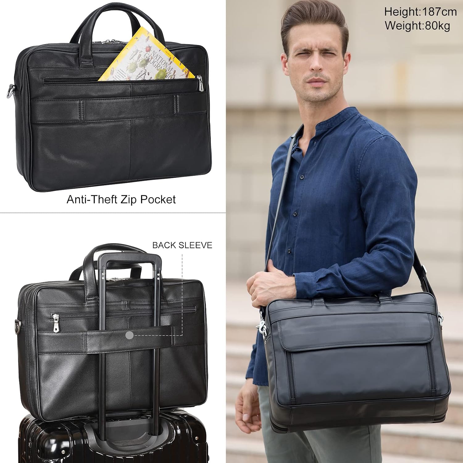 Masa Kawa Leather Briefcase for Men 15.6', 17' Laptop Computer Case Business Travel Work Messenger Cross Body Shoulder Bag