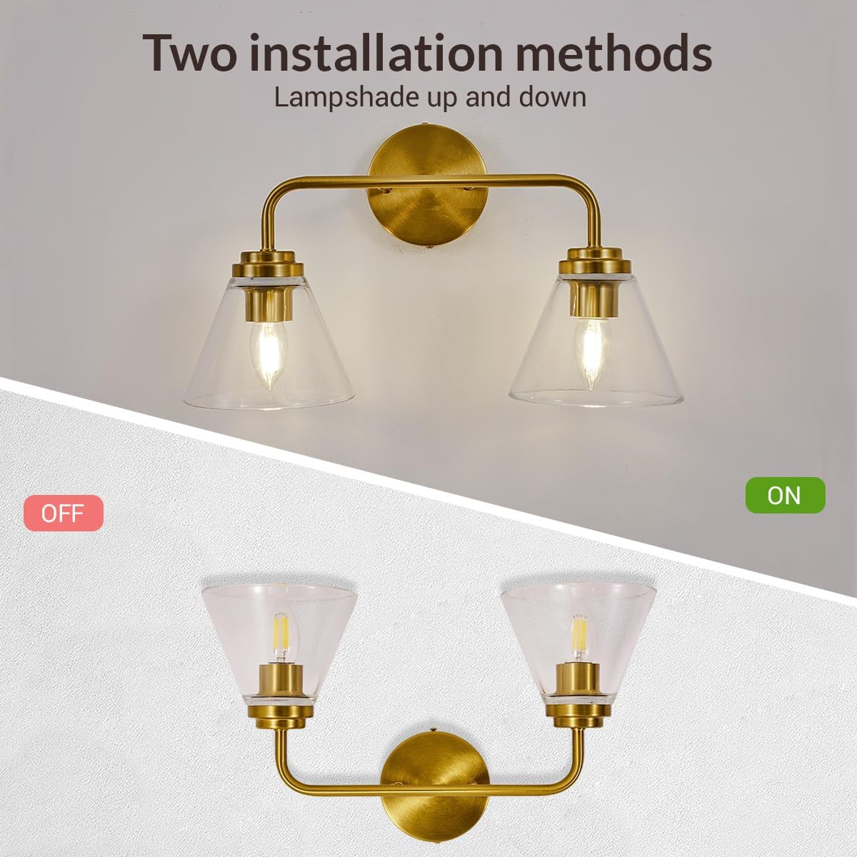 ANDY STAR Vanity Lights for Bathroom 2 Light - Brushed Gold Bathroom Light Fixtures with Clear Cone-Shaped Glass, Brass Modern Geometric Design Wall Lights for Hallway, Bedroom, E26 Base (No Bulbs)