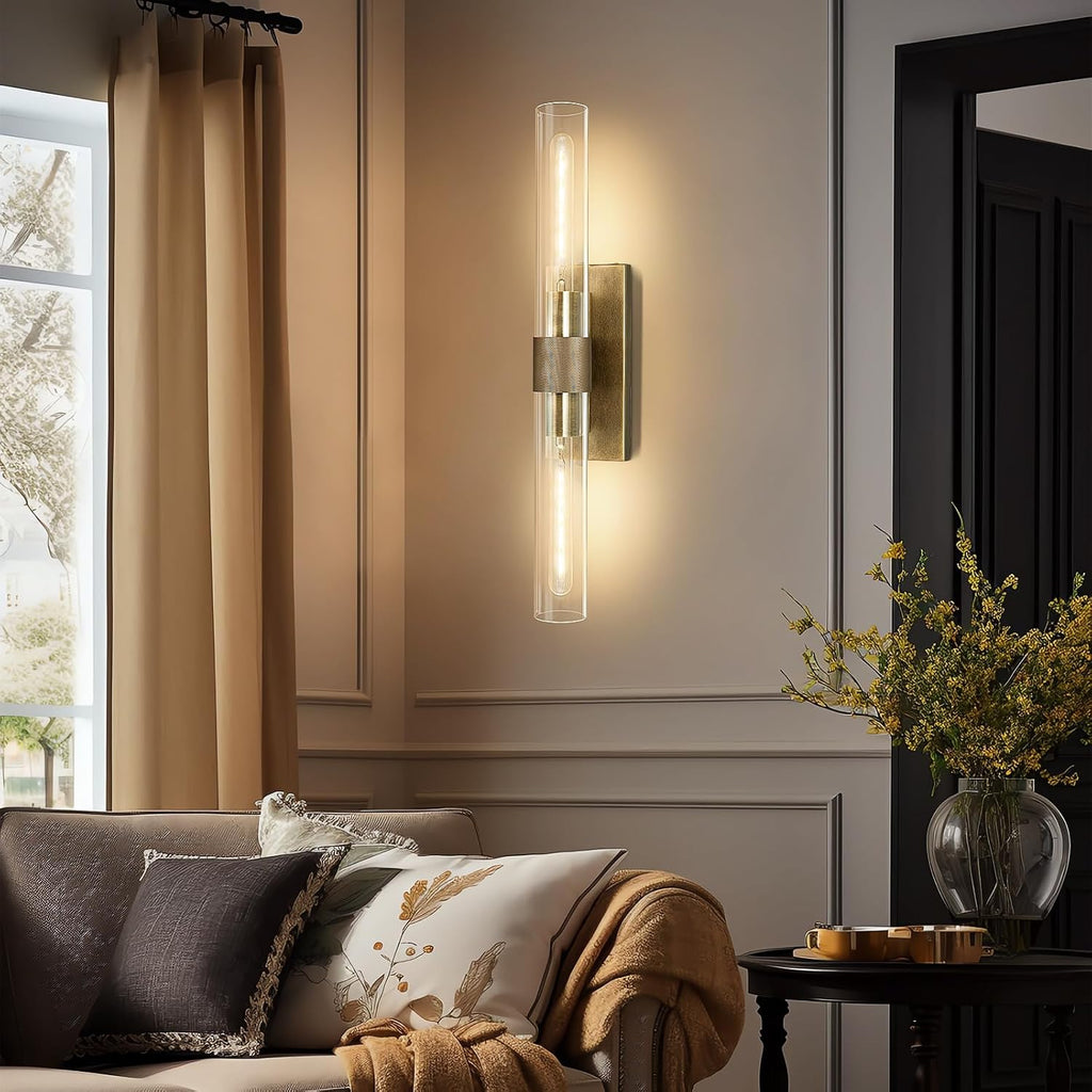 Wall Sconces Set of Two, Gold Bathroom Sconces Wall Lighting with Clear Glass, Modern Sconces Wall Decor Light Fixtures for Bathroom Mirror Living Room Hallway Bedroom