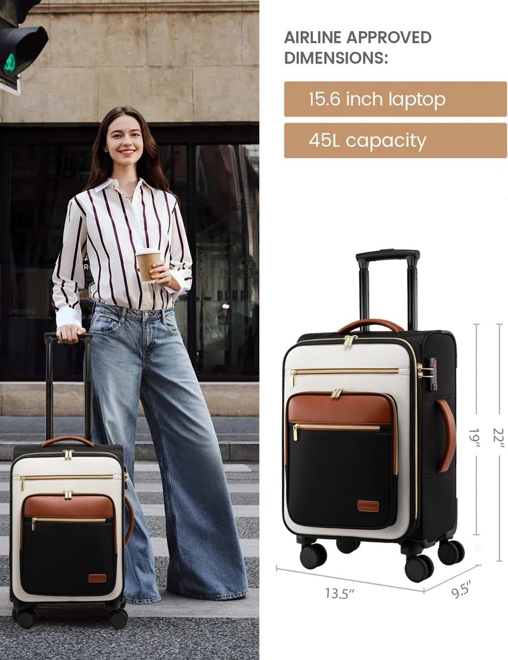 LOVEVOOK Carry on Suitcase 22x14x9 Airline Approved,20 inch Lightweight Waterproof Suitcases with 360° silent swivel wheels, TSA Lock and Compartment, Large Capacity travel Suitcase Black-White-brown