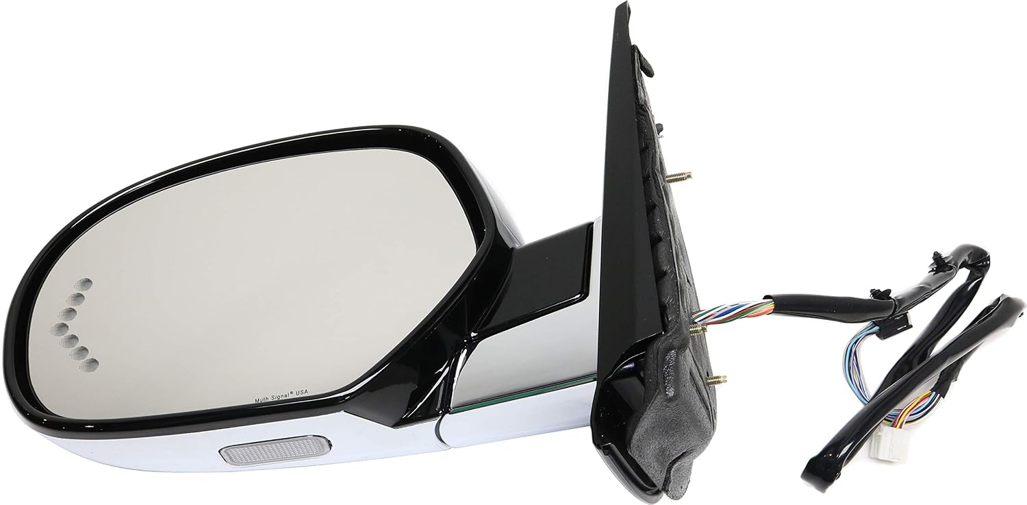 Kool Vue Driver Side Power Heated Mirror, Fits Cadillac Escalade ESV 2007-2014, Side Mirror Replacement, Power Fold With Signal Light, Without Blind Spot Monitor, Chrome