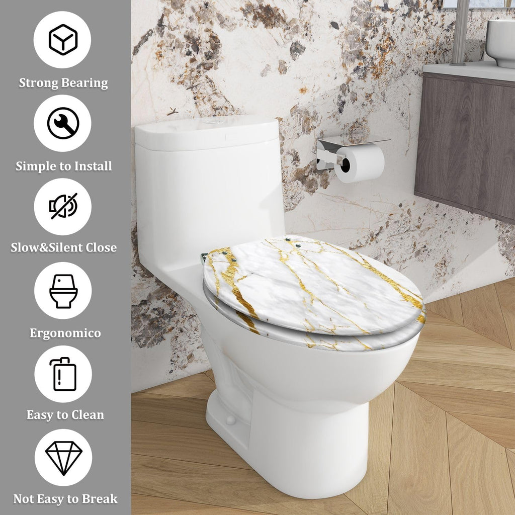 Elongated Toilet Seat White gold marble luxury wall texture shine golden line abstract Art Resin Toilet Seat Easy to Install Quietly Close Quick Release Hinges Decorative Toilet Seat with Cover