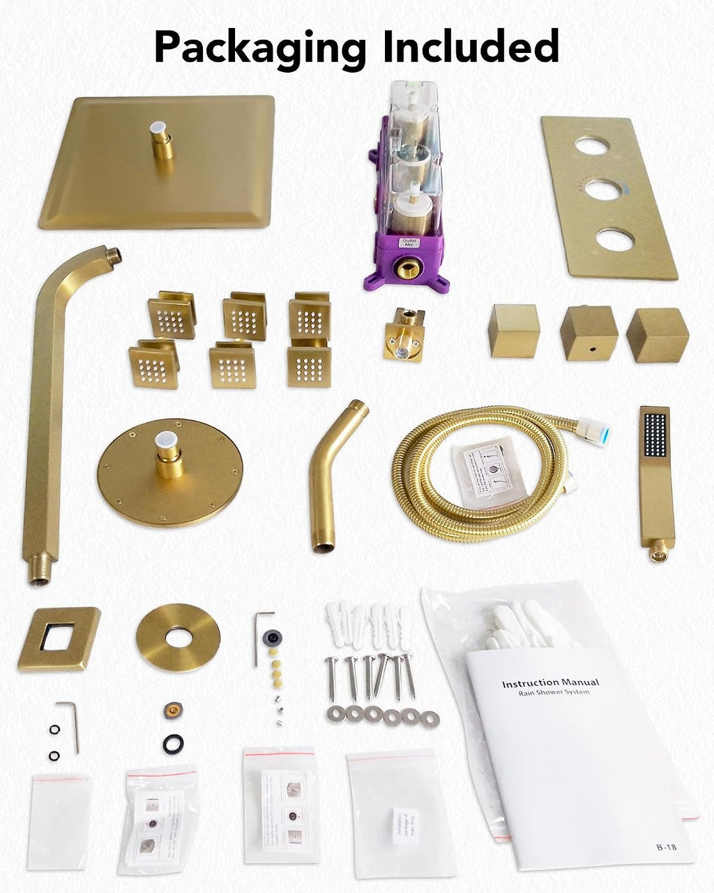 Wall Mount 12' High-Pressure Rainfall Shower Faucet, Dual Rainfall Shower Head System with 6 Body Jets (Brushed Gold)