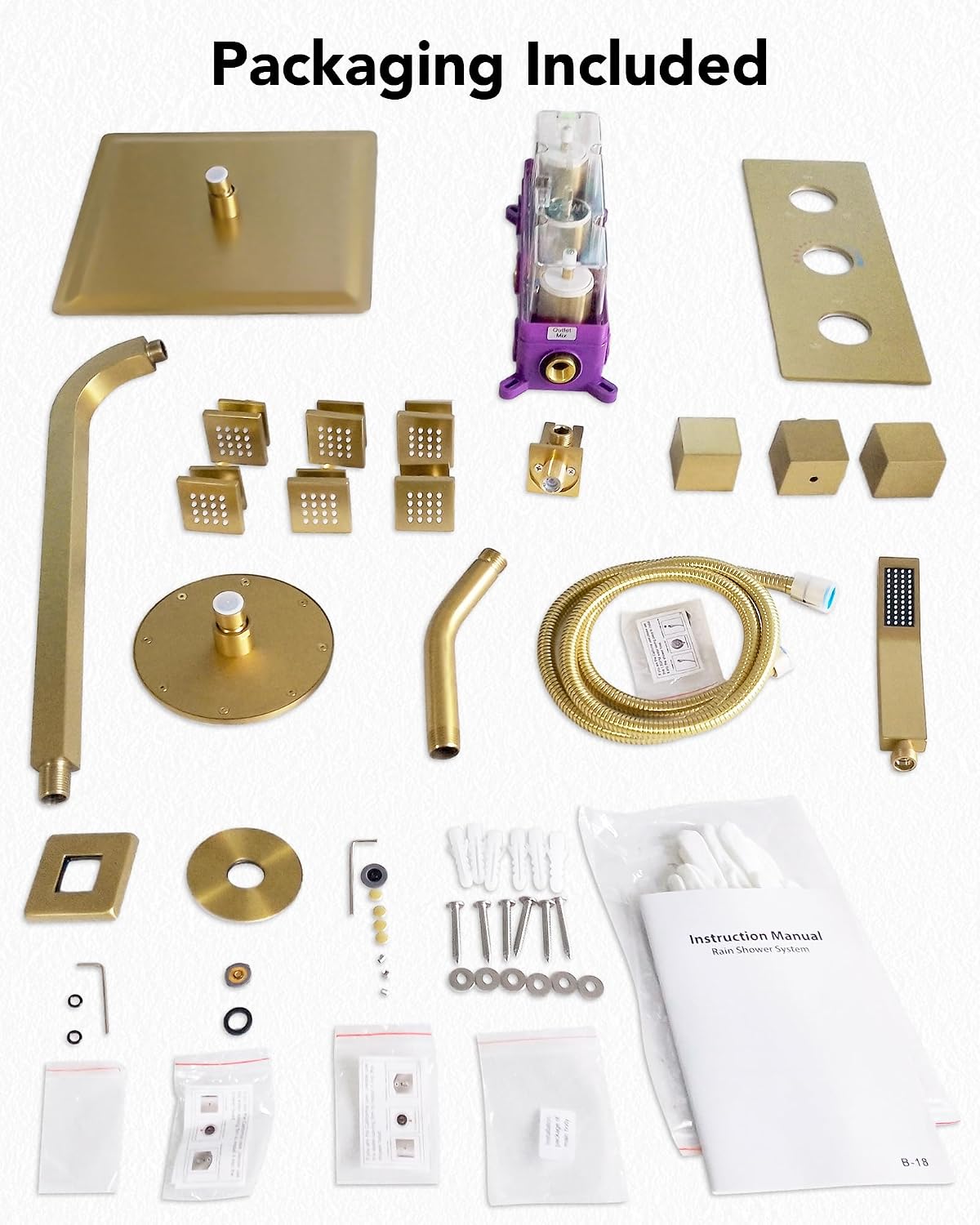 Wall Mount 12' High-Pressure Rainfall Shower Faucet, Dual Rainfall Shower Head System with 6 Body Jets (Brushed Gold)