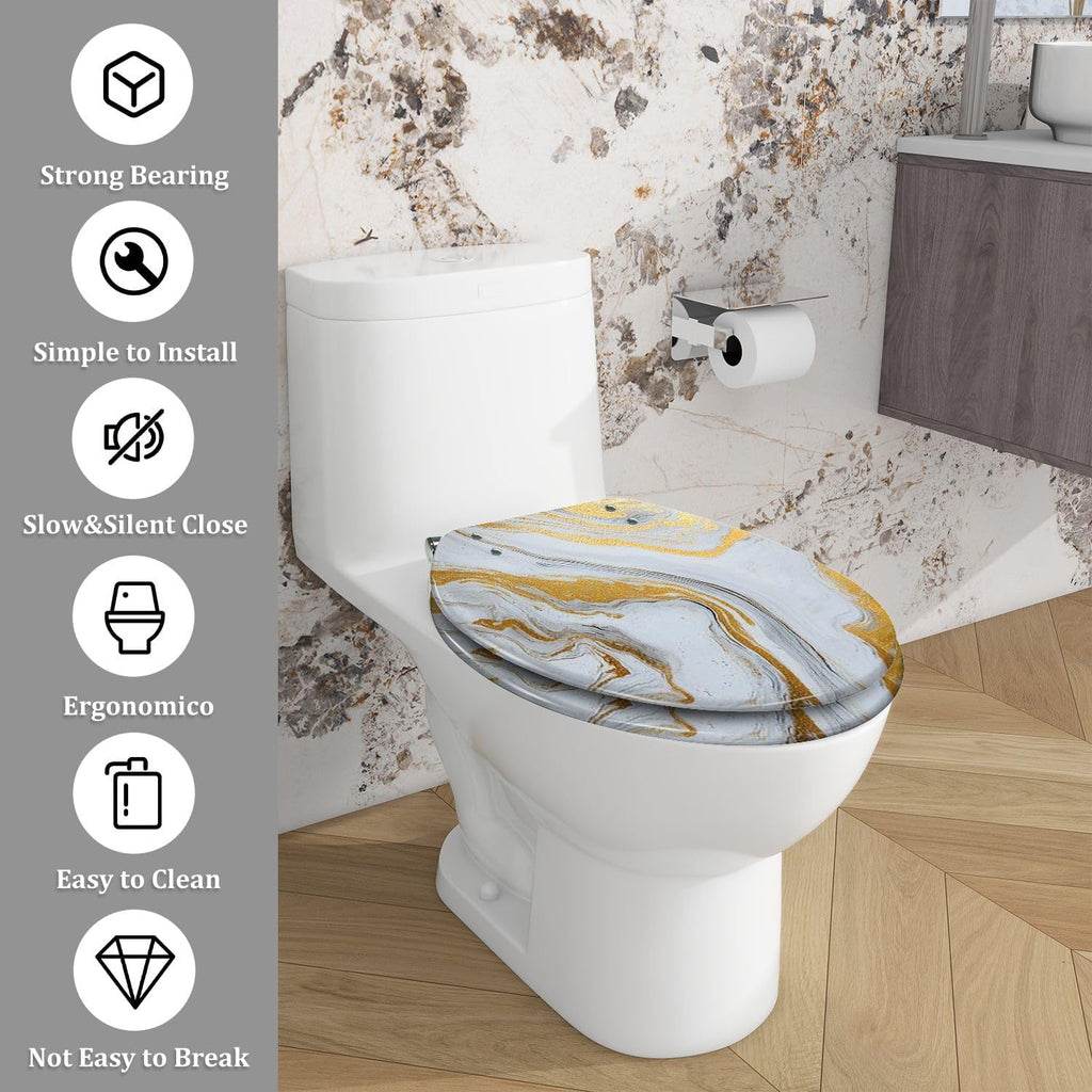 Elongated Toilet Seat marble ink paper texture white silver gold Art Resin Toilet Seat with Cover Easy to Install Quietly Close Quick Release Hinges Decorative