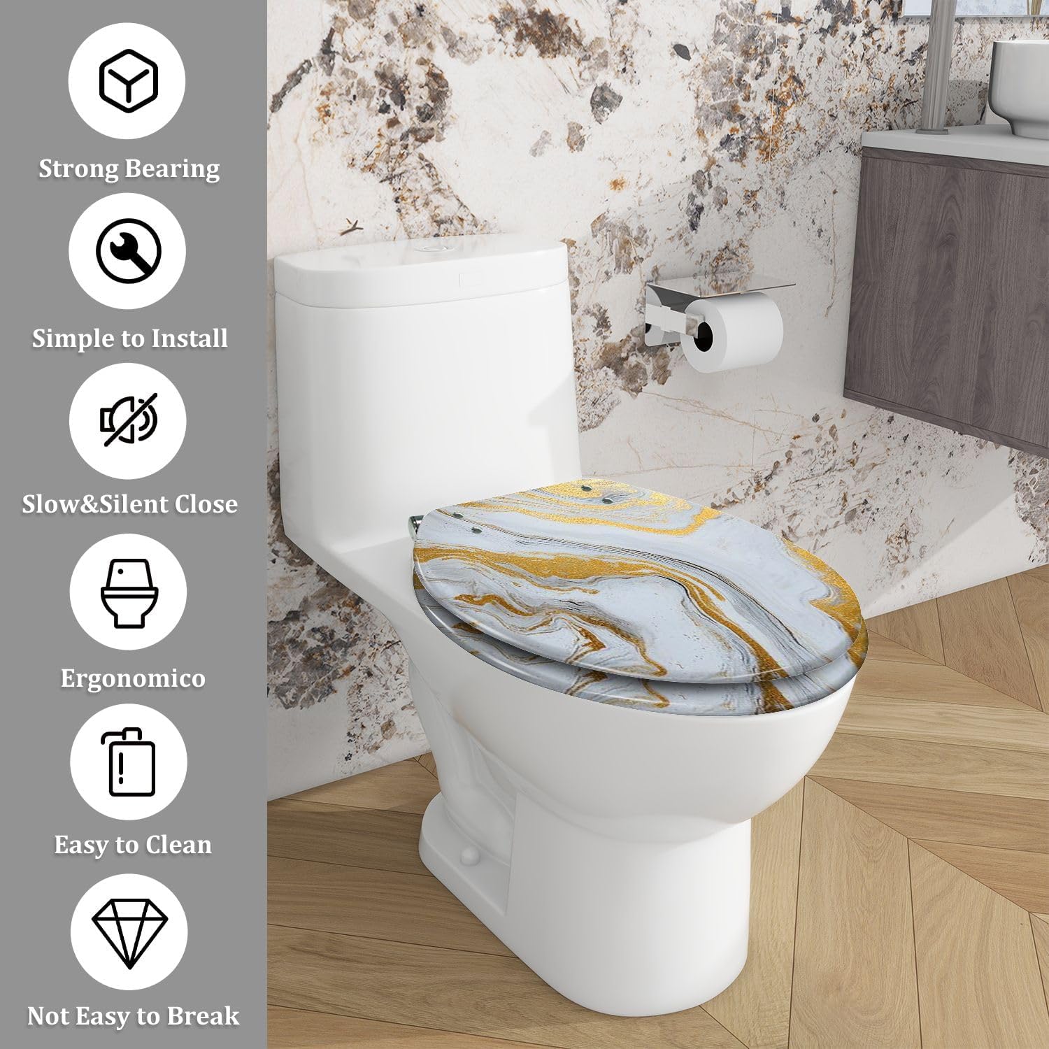 Elongated Toilet Seat marble ink paper texture white silver gold Art Resin Toilet Seat with Cover Easy to Install Quietly Close Quick Release Hinges Decorative