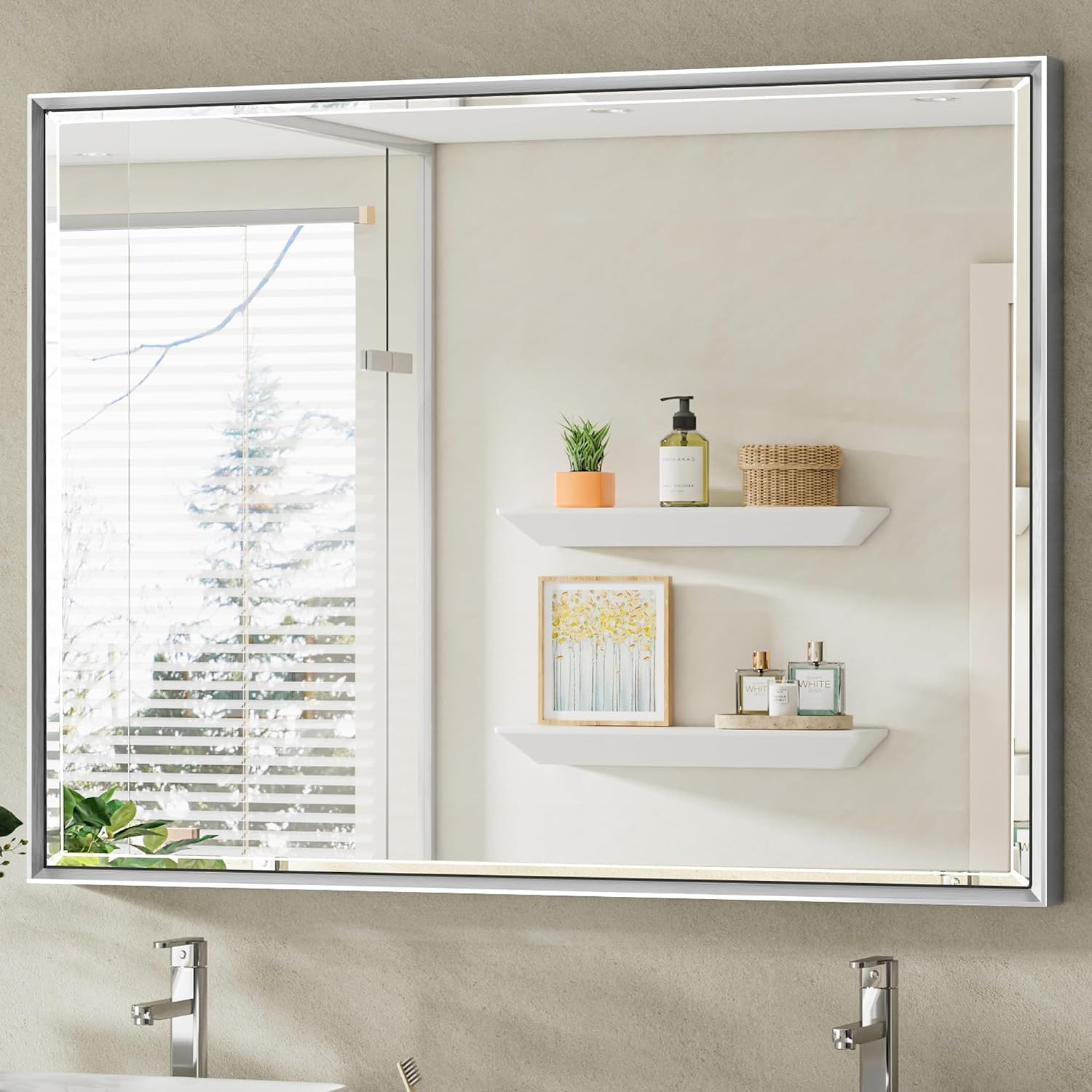 40 x 30 Silver Bathroom Mirror, Large Beveled Silver Bathroom Vanity Mirror, Shatterproof Silver Rectangle Mirror, Silver Metal Framed Mirror for Bathroom Wall, Anti-Rust(Vertical/Horizontal)
