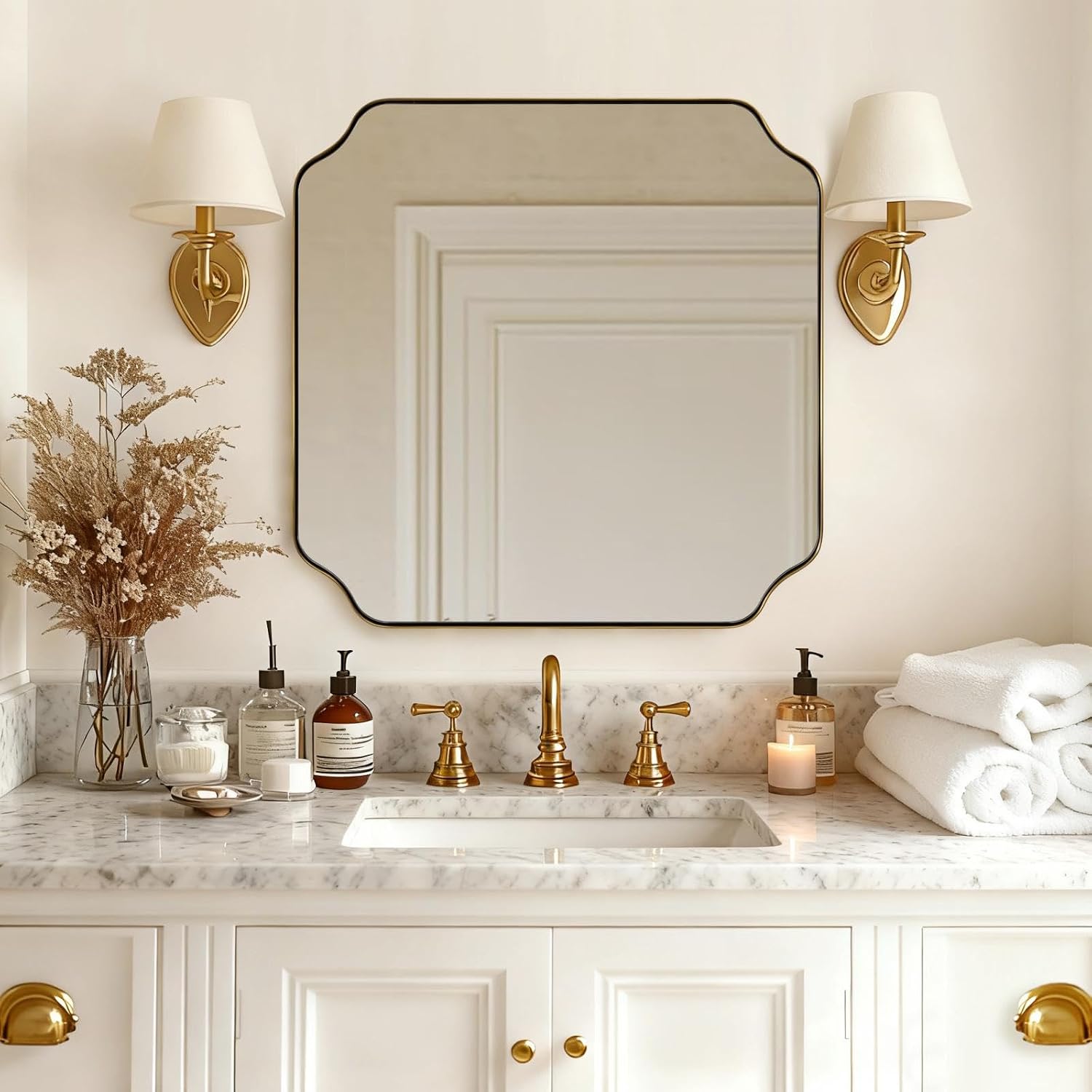 ANDY STAR Square Gold Vanity Mirrors, 24'x24' Brushed Brass Scalloped Bathroom Mirror, Antique Wall Mirror with Anti-Rust Stainless Steel Frame, Rounded Notched Corner Design Ideal for Home Deocr