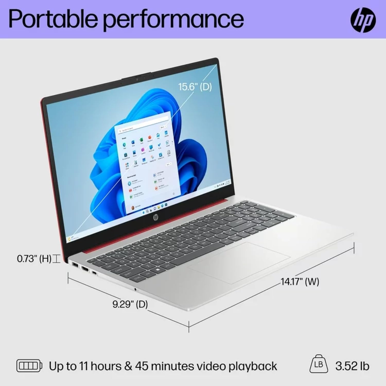 HP 15.6' Laptop with Microsoft 365-8GB Memory - Intel Inside | Anti-Glare Display, 128GB SSD 4-Cores CPU, Fast Charge and 12hrs Battery, no Mouse, Red