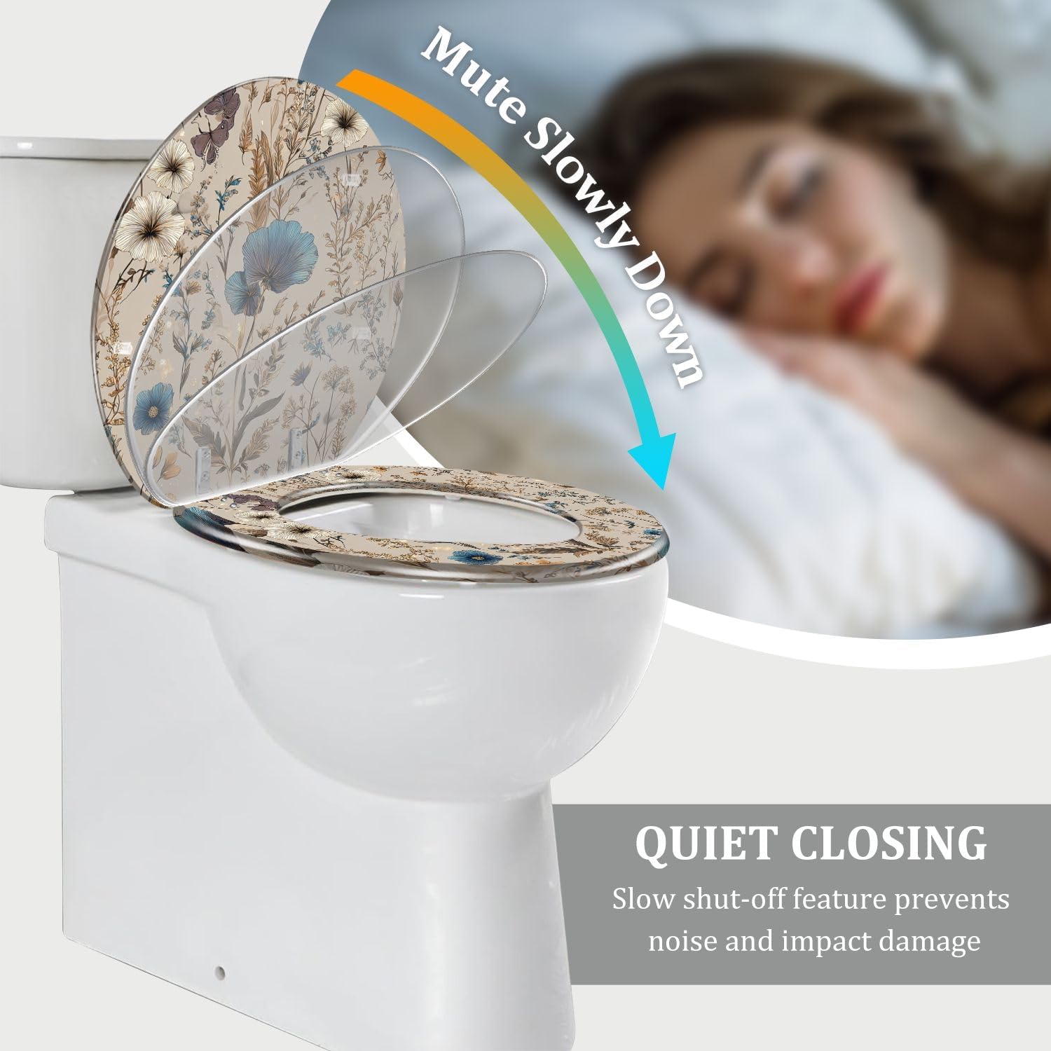 Round Toilet Seat Elegant Floral Blue White Golden Accents Butterflies Resin Toilet Seat Quietly Close Quick Release Hinges with Cover Bumpers Decorative Easy to Install Clean