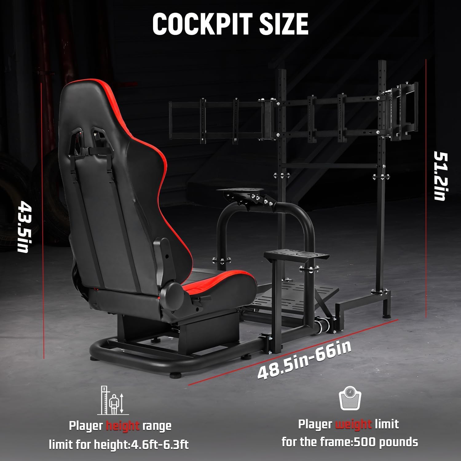 Dardoo Racing Simulator Cockpit Vertical Bracket with Triple Monitor Stand and Red Seat Fit for Logitech G29 G920 G923, for Thrustmaster T300RS CSL-DD, for Fanatec