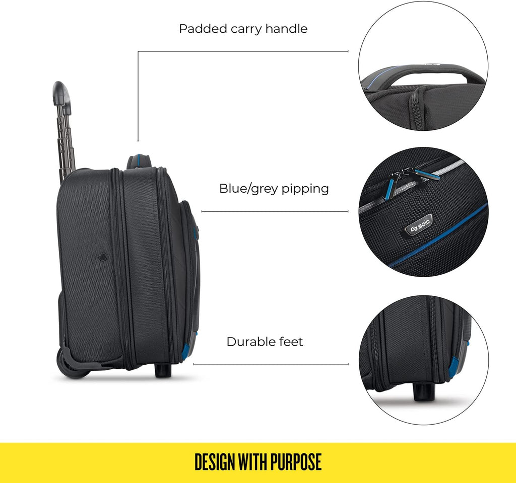 Solo New York Active Rolling Overnight Laptop Bag. Business Travel Rolling Overnighter Case for Women and Men. Fits up to 16 inch laptop - Black, 15' x 16' x 7' (TCC902-4/20)