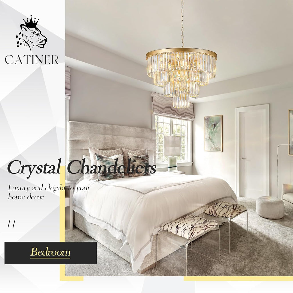 Gold Crystal Chandeliers 24' Modern Large Chandeliers Luxury 4-Tier 12 Lights K9 Crystal Round Ceiling Pendant Light Fixture Contemporary for Dining Room Foyer Staircase Living Room