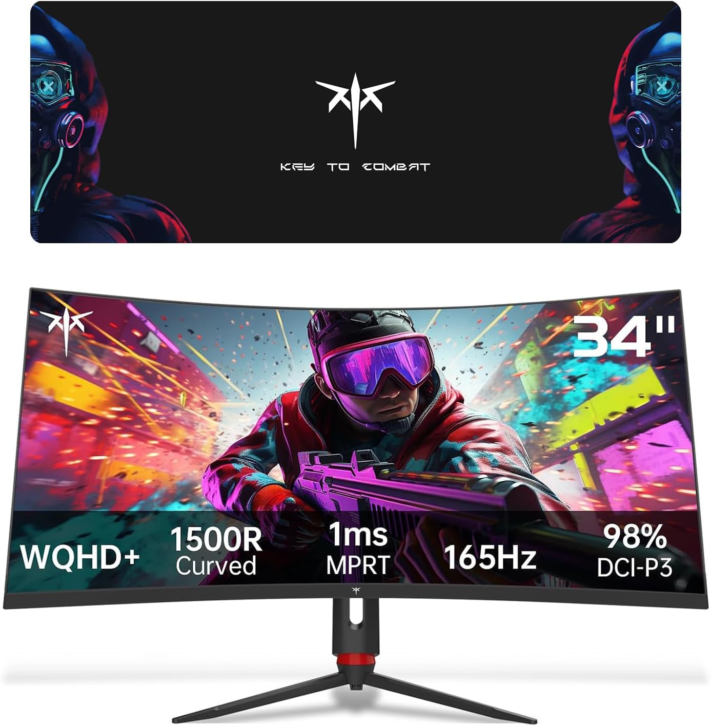 KTC 34 Inch Curved Ultrawide Gaming Monitor 3440 x 1440P 165Hz & Large Mouse Pad
