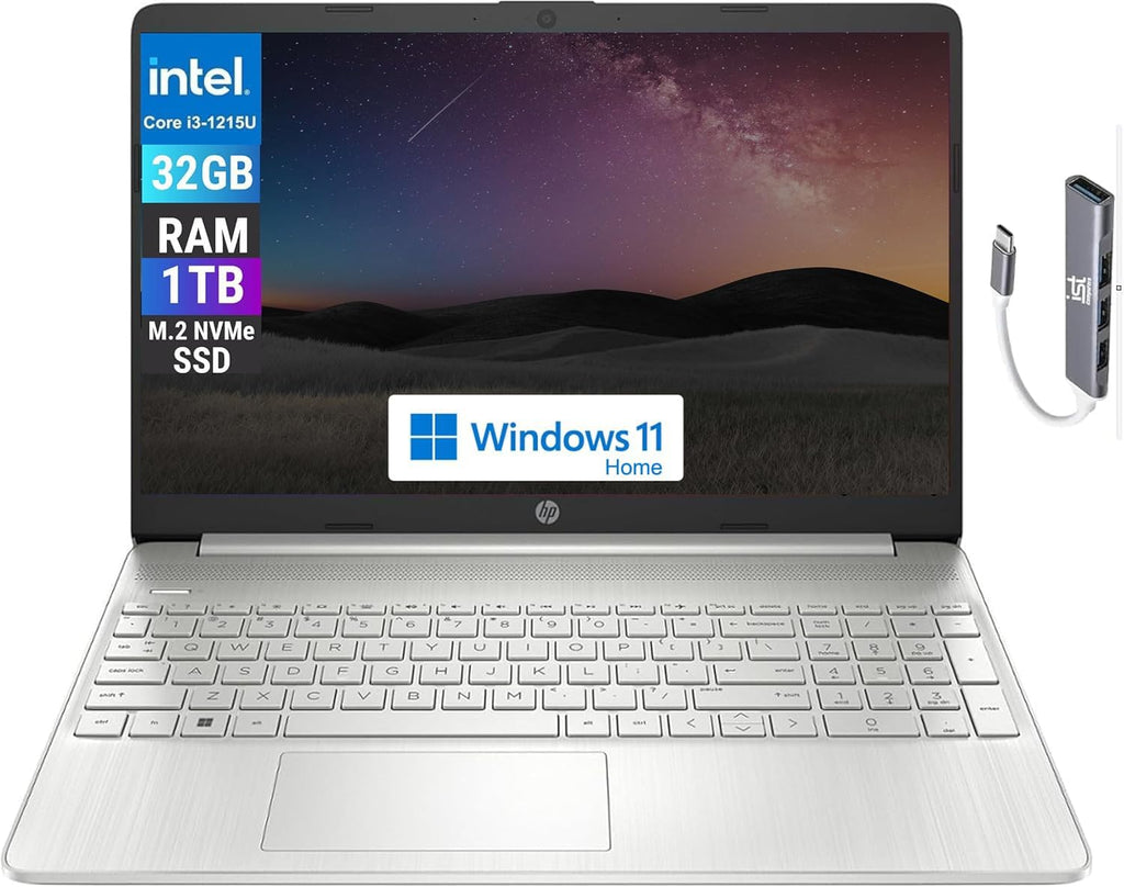 HP 15 Laptop (15.6' HD Display, Intel Core i3-1215U (> i5-1235U), 32GB RAM, 1TB SSD) Home & Business, 10.75-Hr Battery Life, Numpad, Webcam, Wi-Fi, IST Hub, Win 11 Home in S Mode