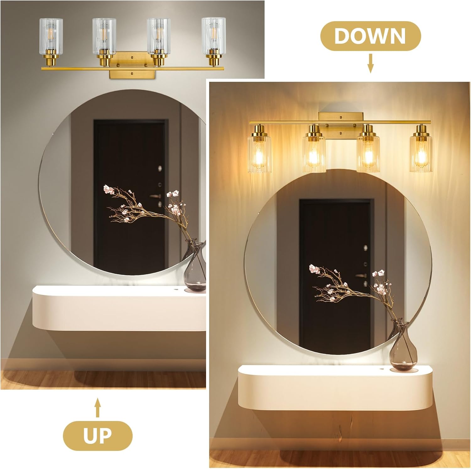 Jonsi Brushed Gold Bathroom Light Fixtures, 4-Light Brushed Gold Vanity Light, Bathroom Vanity Light with Stripe Glass Shade, E26 Wall Sconces Over Mirror for Bathroom, Living Room, Hallway
