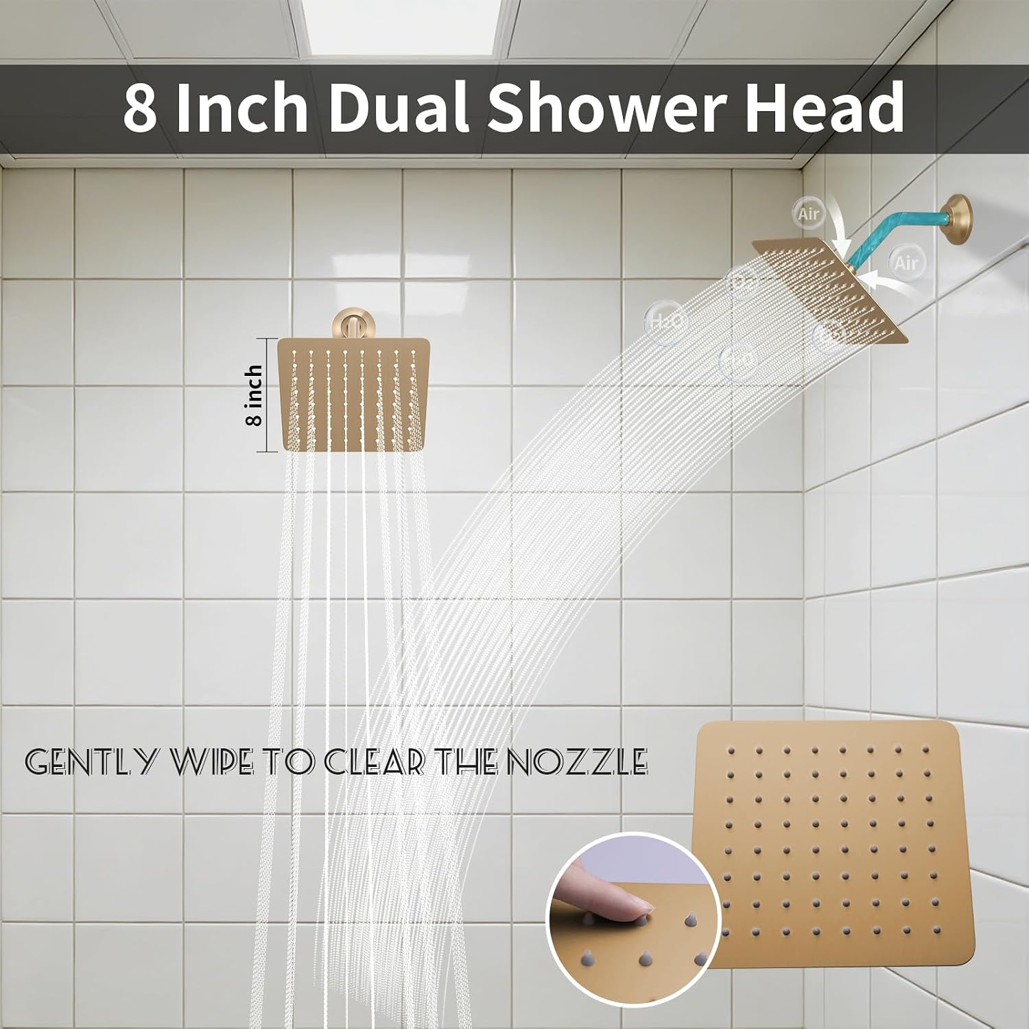 Shower System 16X26 inch Ceiling Mounted Shower Faucet Set with 8 inch Dual Shower Head, with 6 PCS Body Jets and Handheld Spray, Digital Temperature Display Shower Valve, Brushed Gold