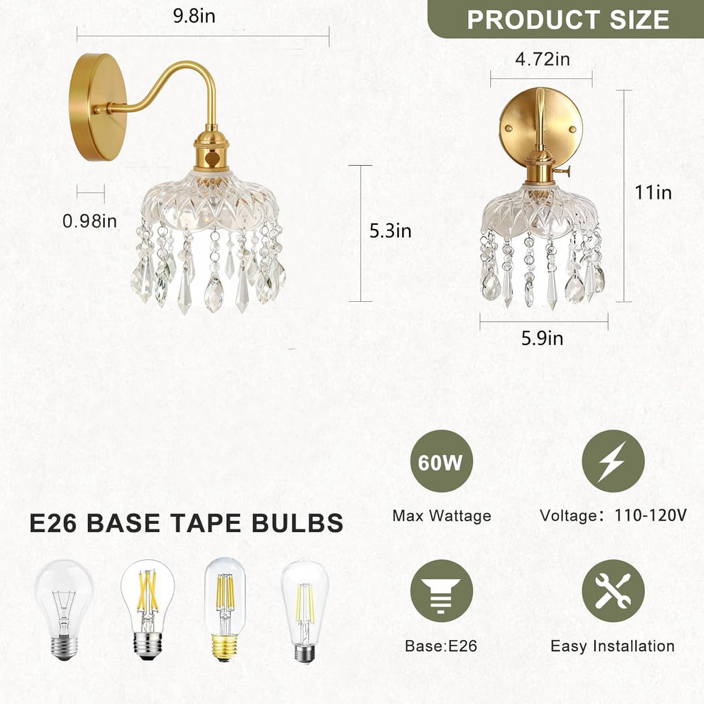 Crystal Wall Sconce Set, Gold Brass Fixture with Glass Shade and Hanging Crystals, Modern Elegant Wall Light, 2 Pack