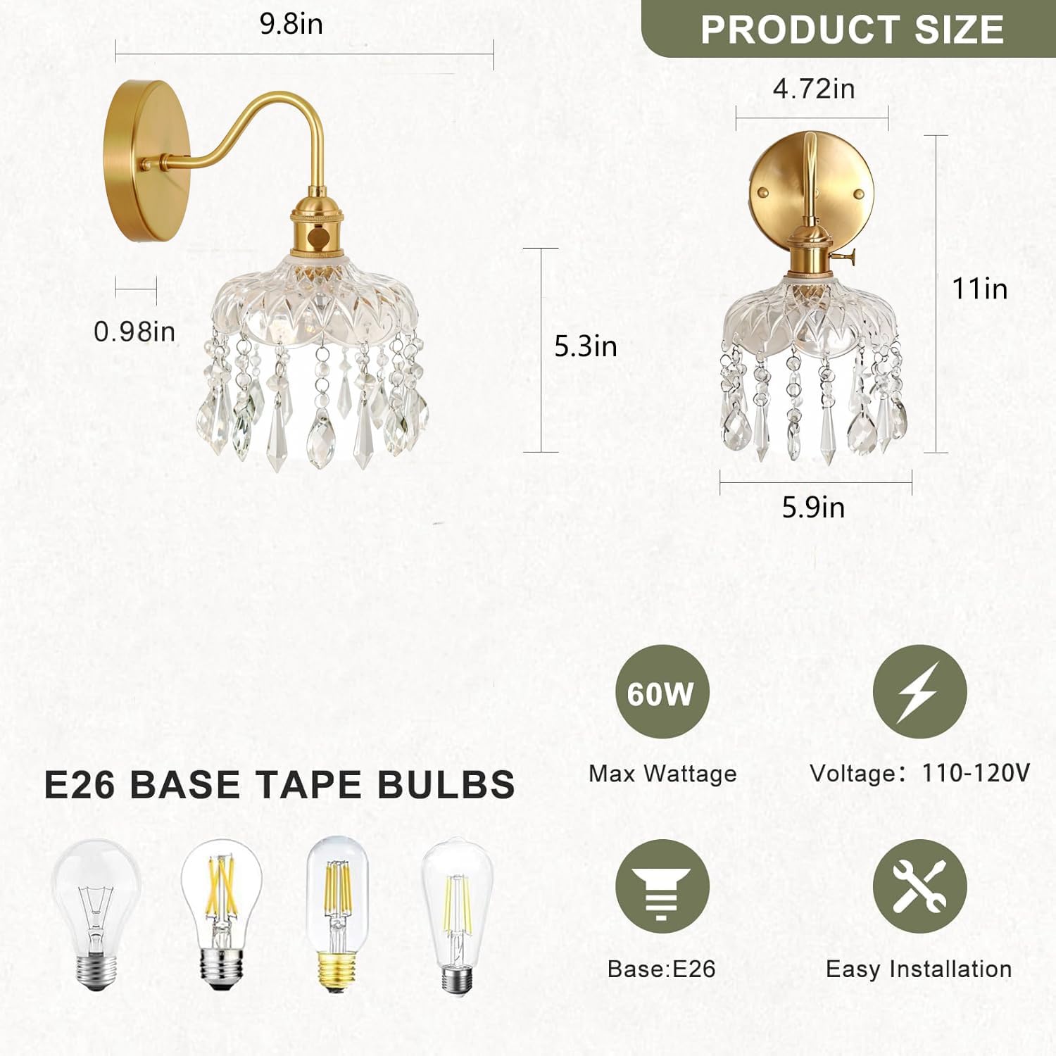 Crystal Wall Sconce Set, Gold Brass Fixture with Glass Shade and Hanging Crystals, Modern Elegant Wall Light, 2 Pack