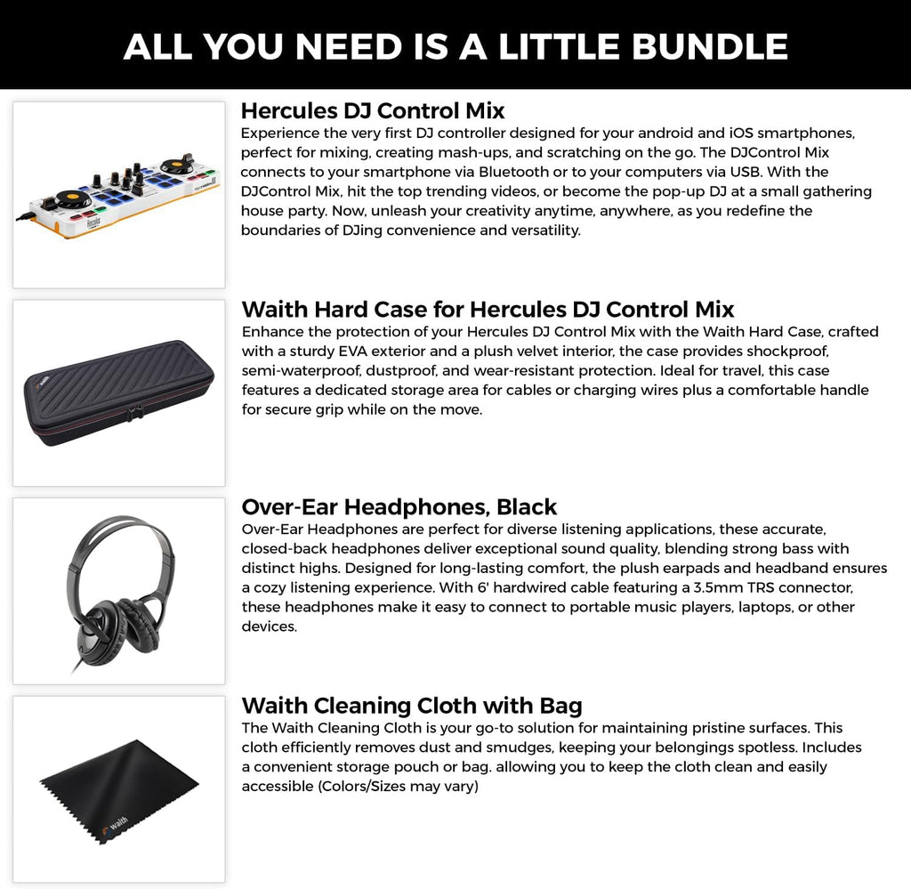 Hercules DJ Control Mix - Blue Wireless Bluetooth DJ Controller with Over Ear Headphones (Black), Waith Control Mix Case and Waith Cleaning Cloth - Algoriddim djay Software Included (Bundle Set)