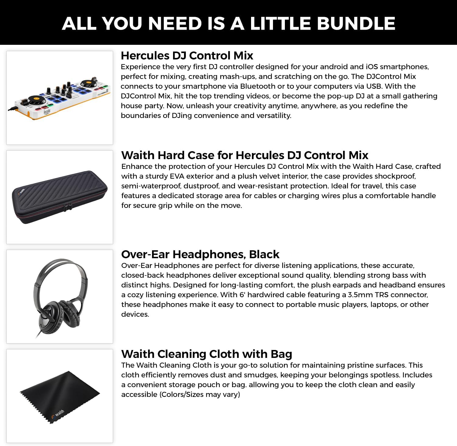 Hercules DJ Control Mix - Blue Wireless Bluetooth DJ Controller with Over Ear Headphones (Black), Waith Control Mix Case and Waith Cleaning Cloth - Algoriddim djay Software Included (Bundle Set)