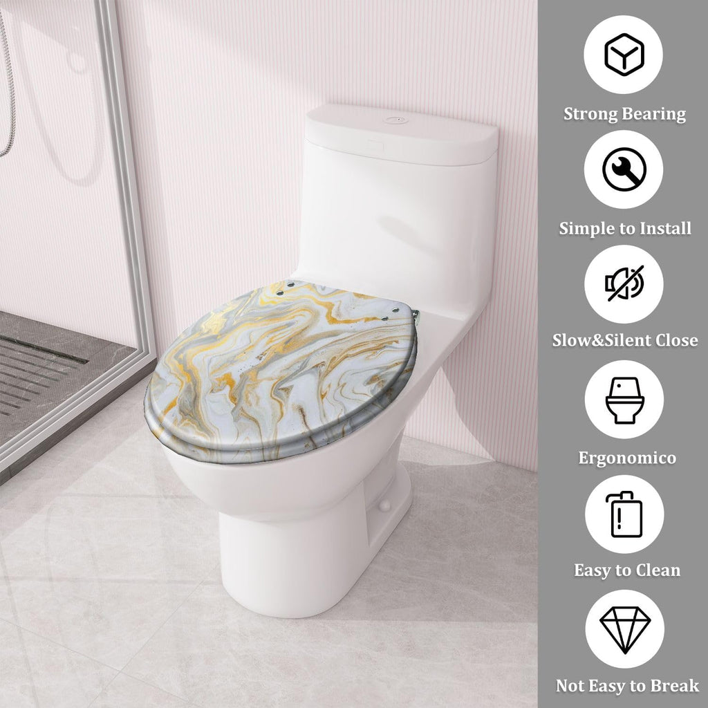 Round Toilet Seat marble ink paper texture white silver gold Resin Toilet Seat Quietly Close Quick Release Hinges Decorative Toilet Seat with Cover Easy to Install, Style 2