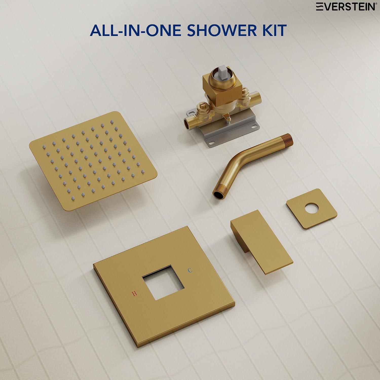 Square 6' High-Pressure Rainfall Shower Head, Wall Mount Shower Faucet with Pressure-balanced Valve, Brushed Gold