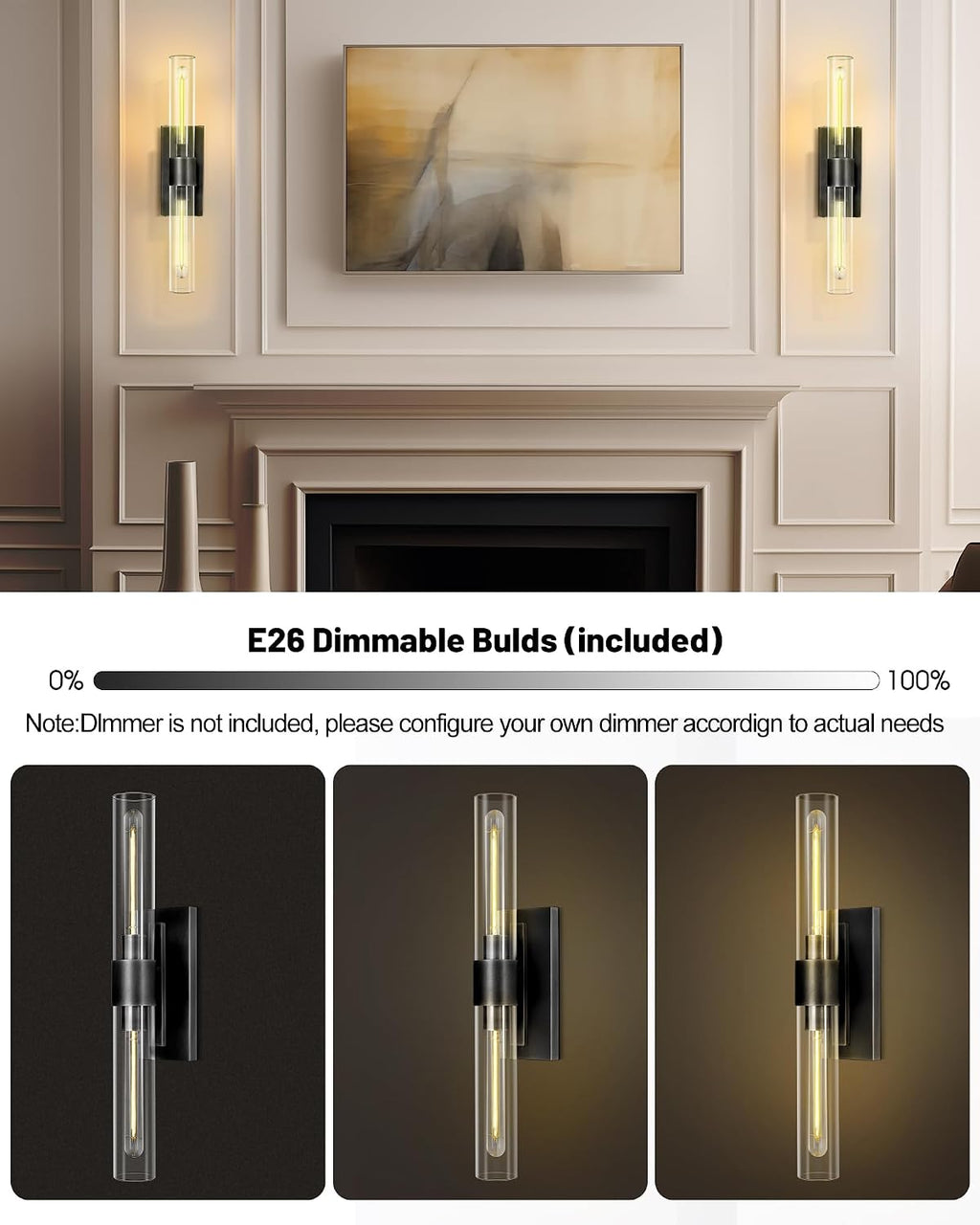 Black Wall Sconces, 22.8' Bathroom Sconces, Sconces Wall Lighting 2-Light, Bronze Wall Sconces Set of Two, Vanity Lights Tube Sconce, Glass Wall Sconce for Living Room, Bedroom, Hallway