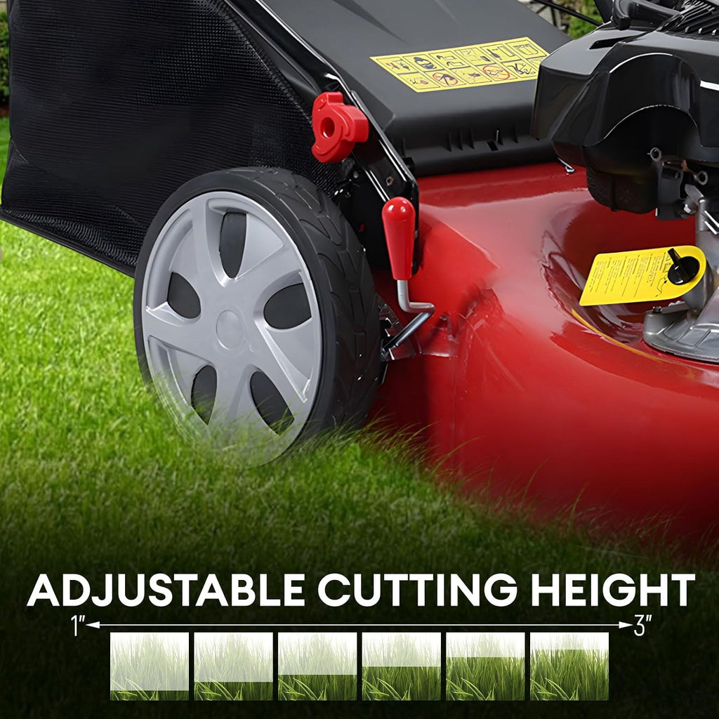 Self Propelled Gas Lawn Mower, 141cc 20 Inches Gas Lawn Mower, 7-Position Single Lever Height Adjustment, Push Lawn Mower Gas Powered with 50L Grass Tank and Big Wheels for Lawn Care Red