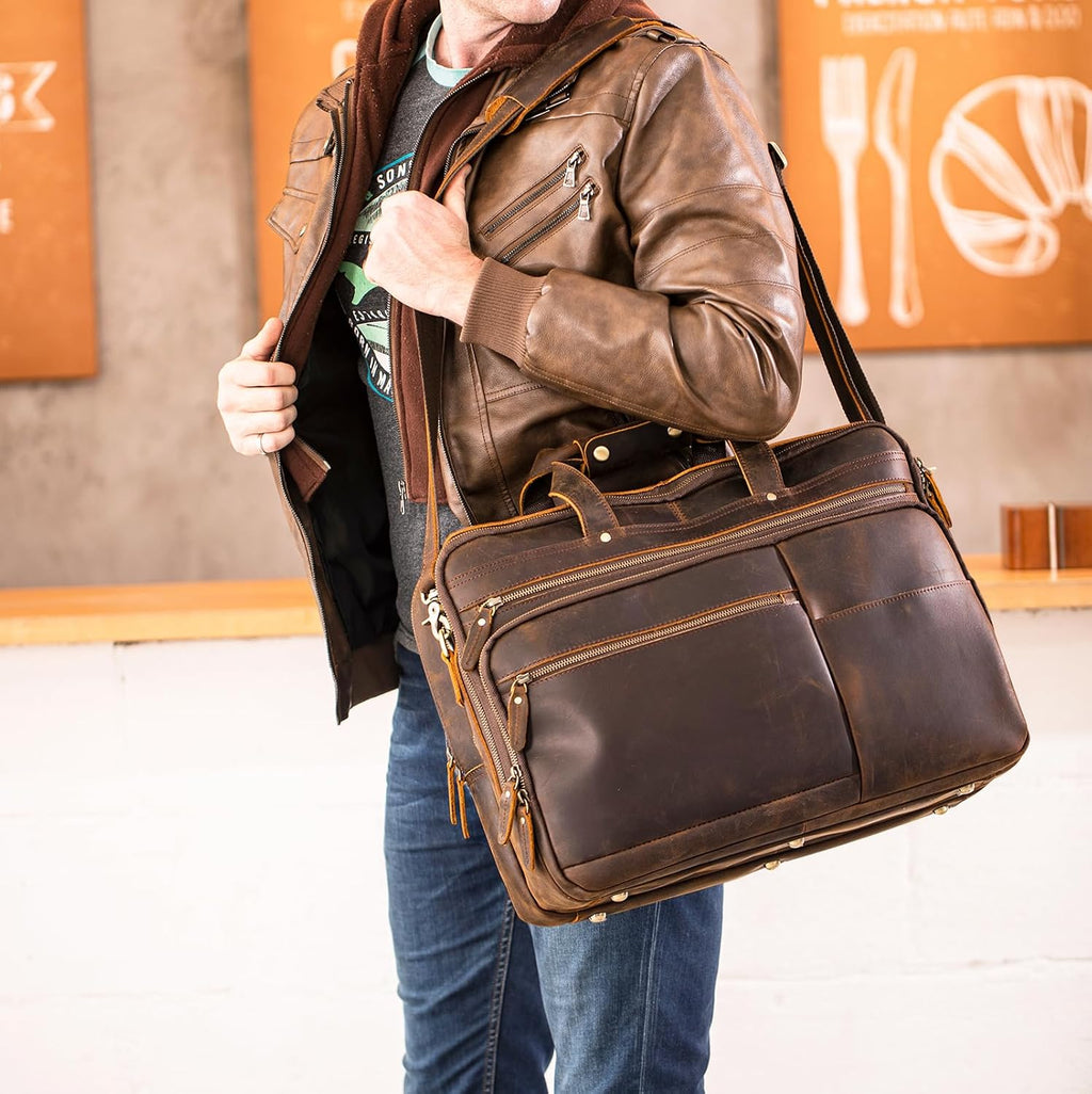 Polare X-Large 18' Full Grain Leather Briefcase For Men Business Travel Case Messenger Bag Fits 17.3' Laptop
