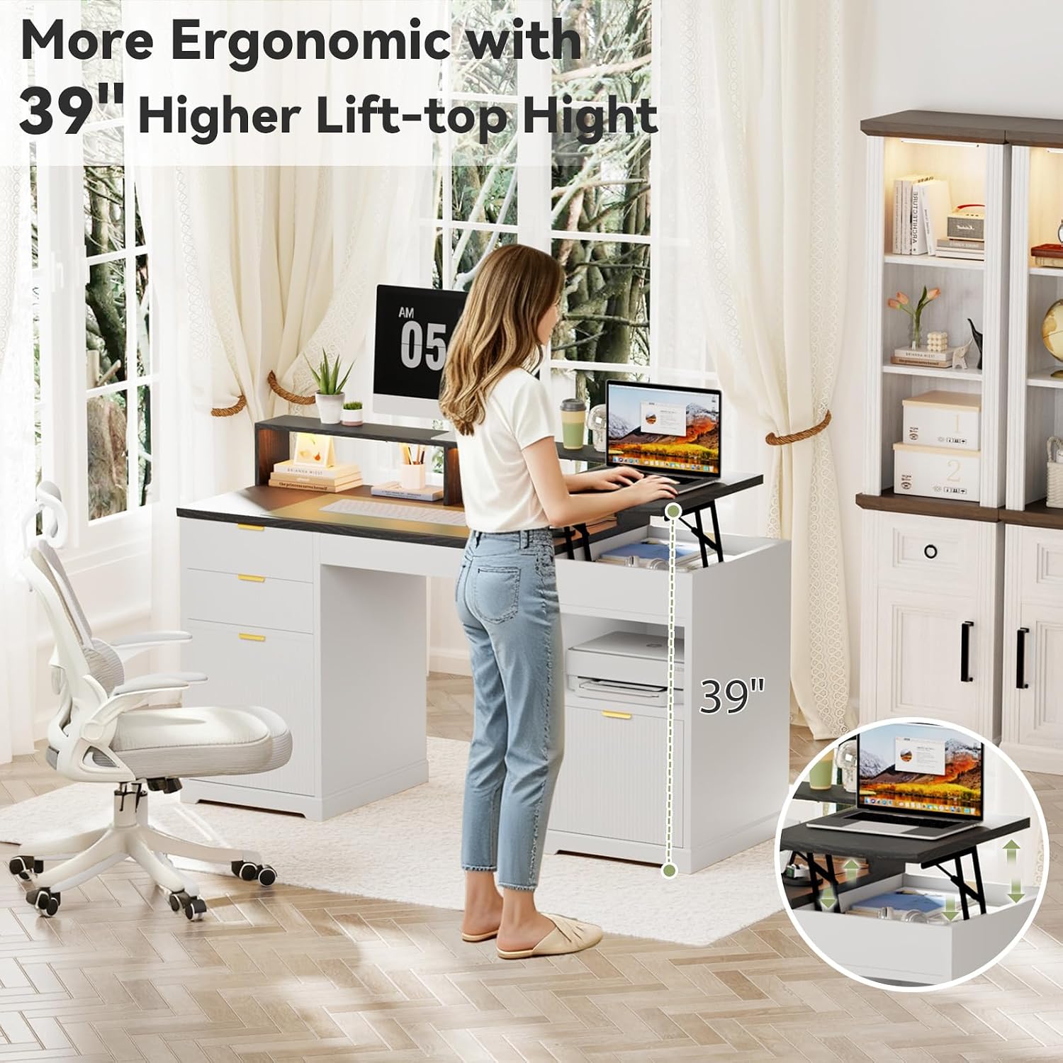 Fluted Desk with Drawers, 63' Home Office Executive Desk with Lift Top, Filing Cabinet, Gaming Desk Charging Station, Sensor Lights, Computer Table with Monitor Stand, White