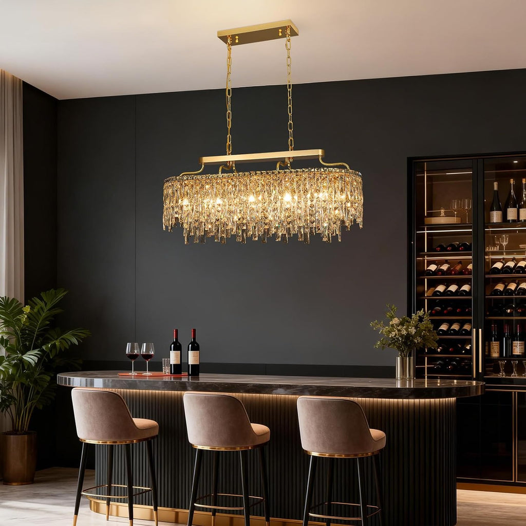 12-Lights Modern Gold Crystal Chandeliers for Dining Room Light Fixtures Over Table | L36' Luxury Crystal Chandeliers for Kitchen Island | Oval Hanging Lighting for Living Room Bedroom Bathroom