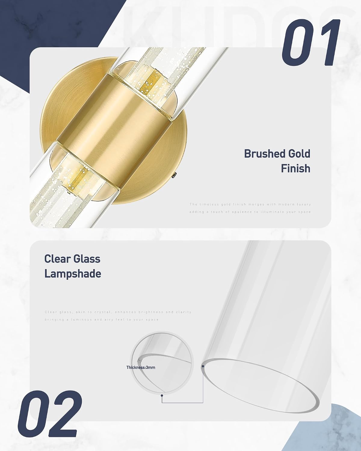 kudos Gold Bathroom Light Fixtures,2 Pack Modern Sconces Wall Lighting with Crystal Bubble and Clear Glass, 3000K/4500K/6000K Adjustable, KDVL05-GD-2-2PK
