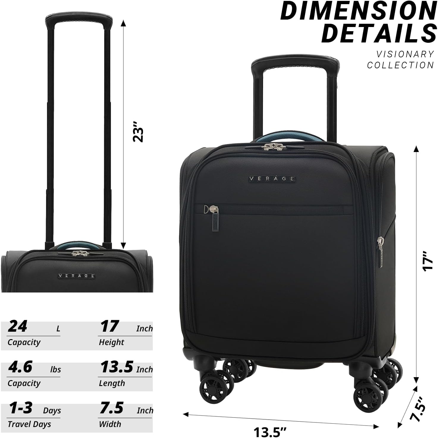 Verage Carry On Underseat Luggage with Wheels & USB Port, 14 Inch Wheeled Spinner Bag Carry-on Luggages for Airlines, Lightweight Suitcase Men Women, Pilots and Crew(14-Inch Compact Underseat Pro)