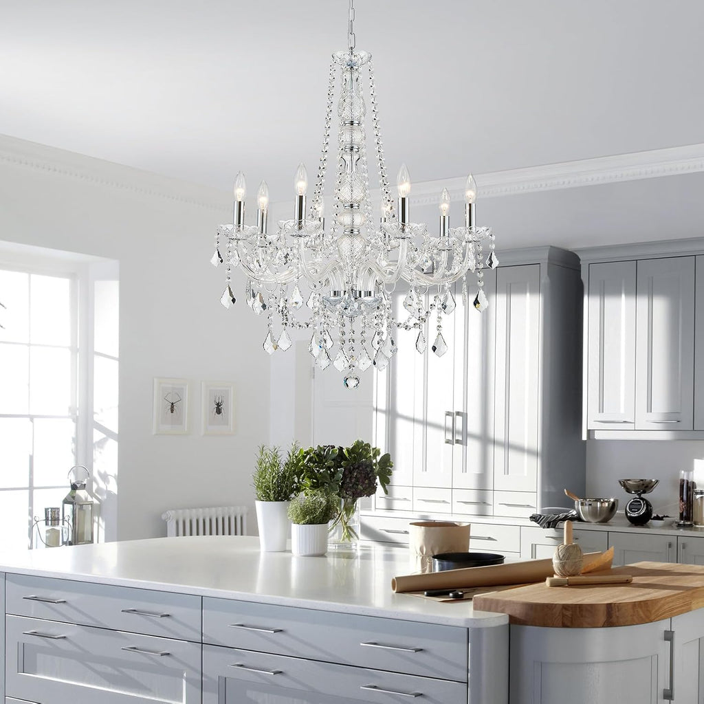 WUZUPS 8-Light Crystal Candle Chandelier Pendant Ceiling Light Modern Lighting Fixture for Bedroom Hallway Bar Kitchen Bathroom, H 35.4' W 27.6', E12 Base, Chrome