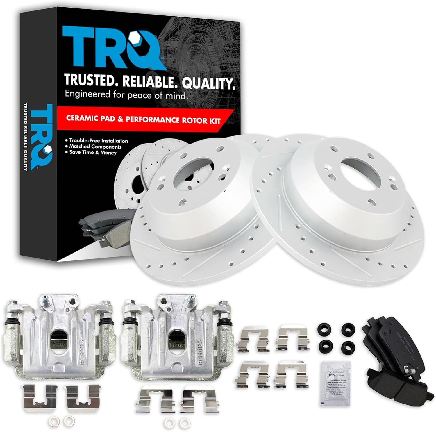 TRQ Performance Rear Brake Pad and Rotor Set Ceramic Slotted Drilled Coated Rotors Calipers Compatible with 2010-2012 Hyundai Santa Fe 2011-2013 Kia Sorento