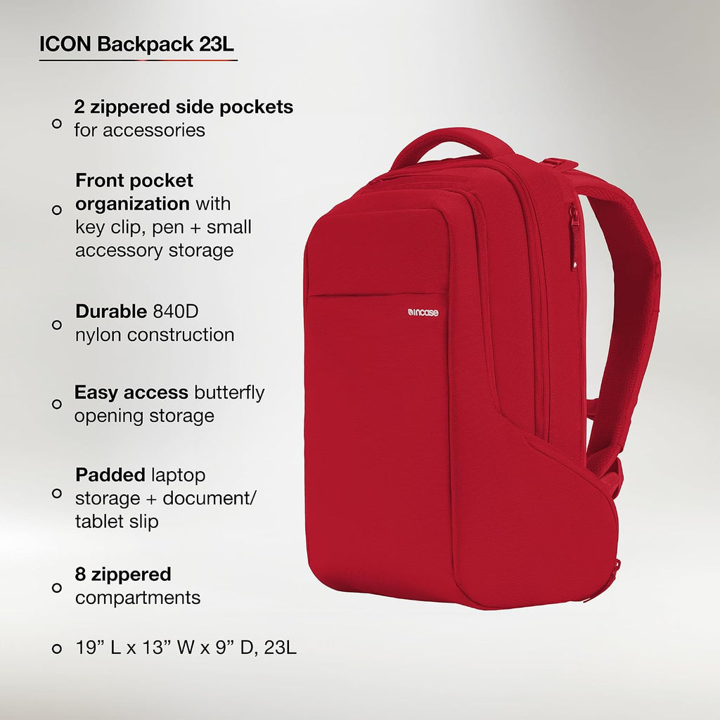 Incase ICON Backpack – Large Tech Backpack for Business, School, Travel – Laptop Bag with 8 Compartments, Fits 16 Inch Devices – Dedicated Laptop, Tablet, Phone and Accessory Pockets - Signal Red