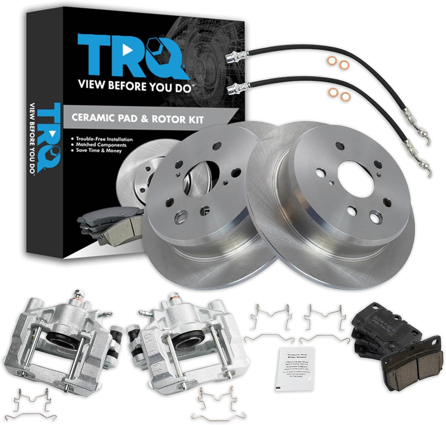 TRQ Rear Brake Pad and Rotor Set Ceramic Rotors Calipers Hoses Compatible with 2006-2013 Lexus IS250