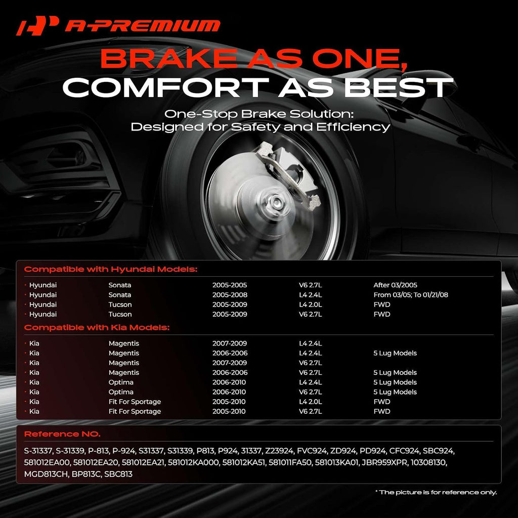 A-Premium Front and Rear Drilled and Slotted Disc Brake Rotors + Ceramic Pads Kit Compatible with Select Hyundai and Kia Models - Sonata 05-08, Tucson 05-09, Magentis 06-09, Optima 06-10, Sportage