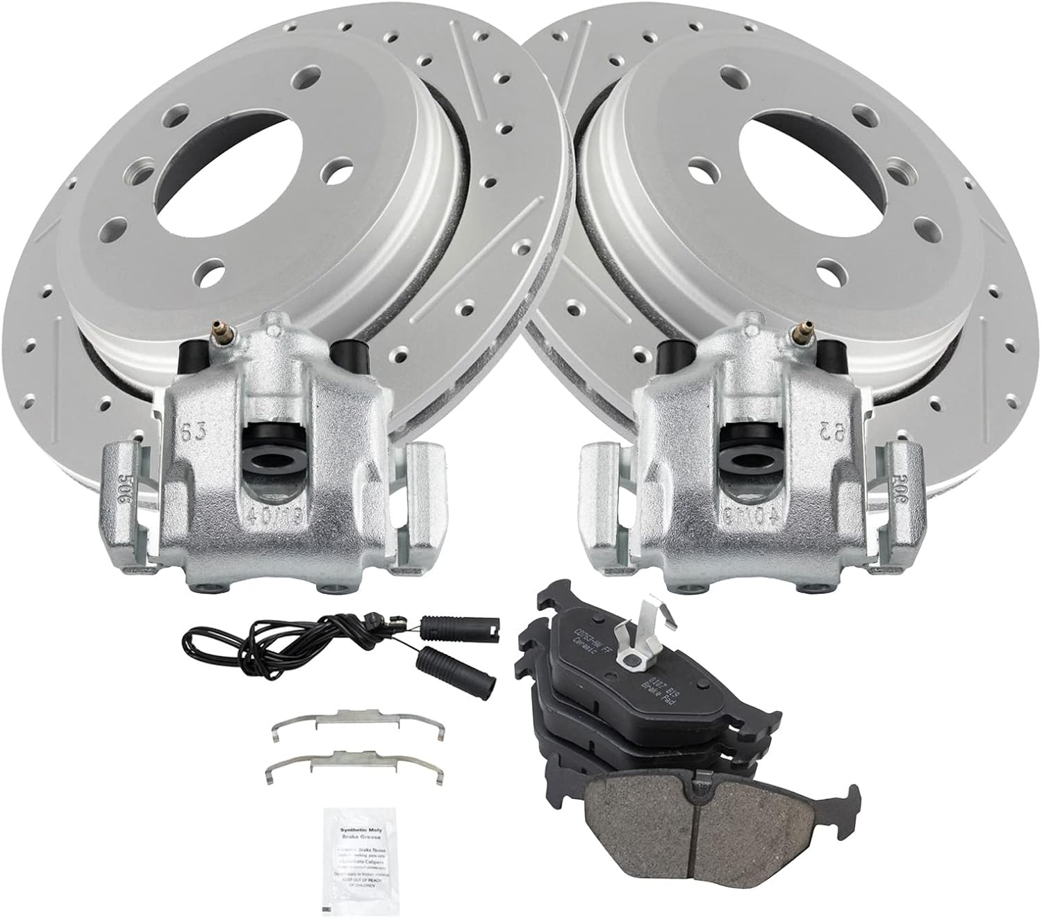 TRQ Performance Rear Brake Pad and Rotor Set Ceramic Drilled Slotted Coated Rotors Calipers Compatible with 2001-2003 BMW 325xi