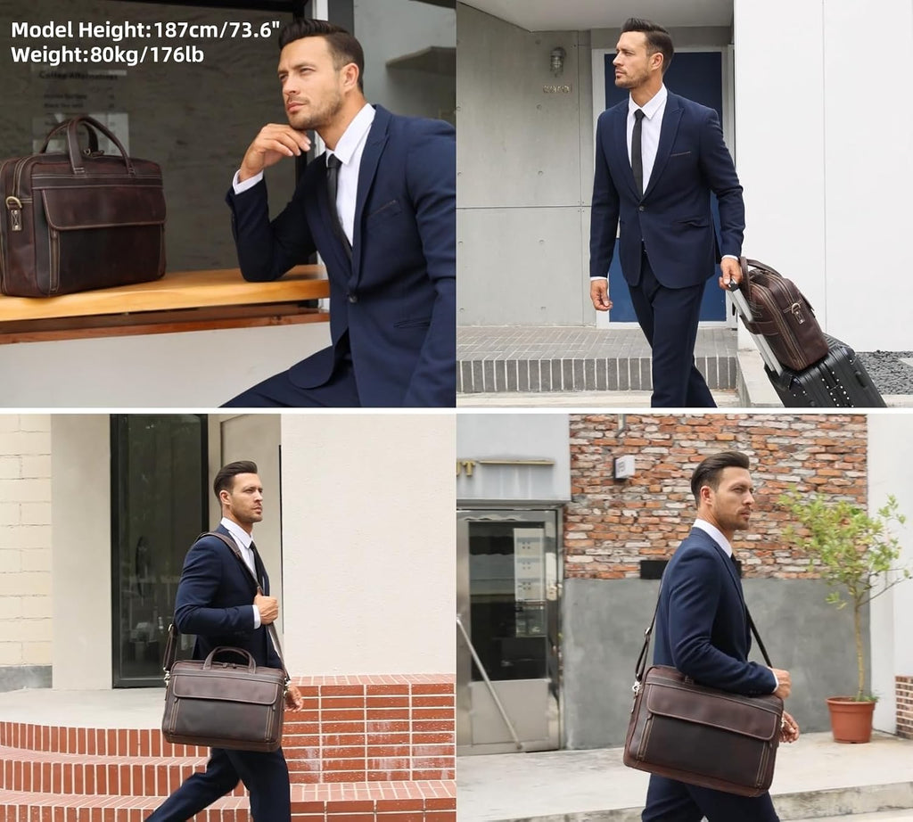 Masa Kawa Leather Briefcase for Men 15.6', 17' Laptop Computer Case Business Travel Work Messenger Cross Body Shoulder Bag