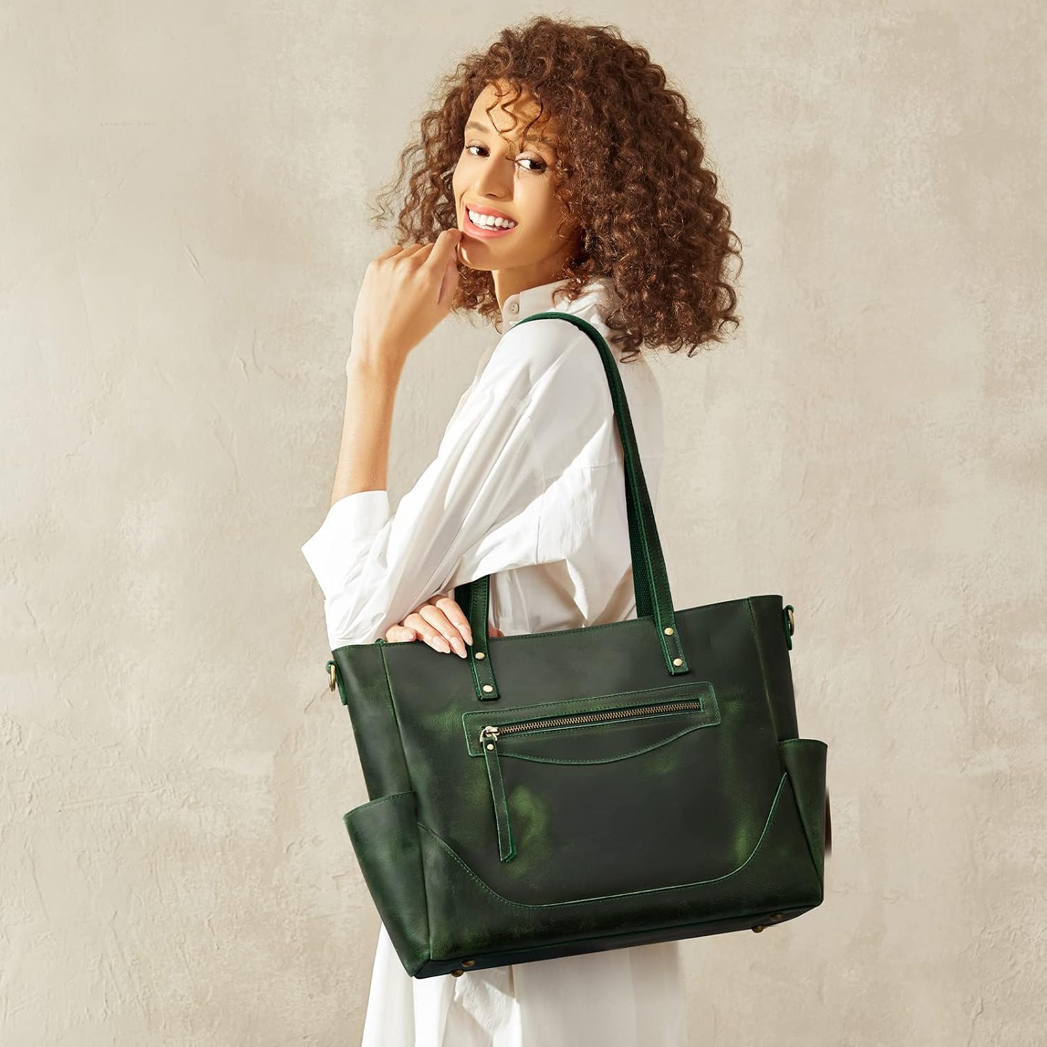S-ZONE Genuine Leather Tote Bag for Women Large Shoulder Purses Work Handbags with Crossbody Strap Vintage