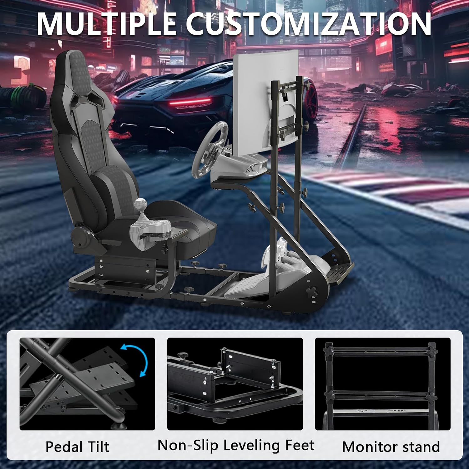 Racing Simulator Cockpit with Monitor Mount and Seat,Sim Racing Cockpit Compatible with Fanatec,PXN,Thrustmaster and Logitech Adjustable Driving Simulators,Excluding Handbrake, Pedals & Monitor (Black)